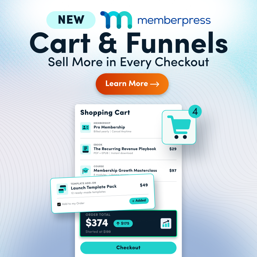 MemberPress Cart & Funnels promotional design with a shopping cart and checkout interface.