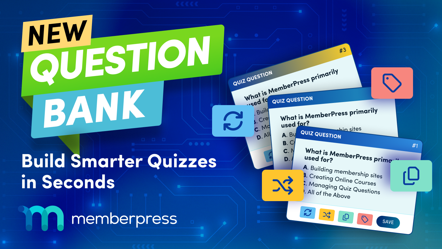 MemberPress Question Bank promotional design featuring a set of quiz question cards.